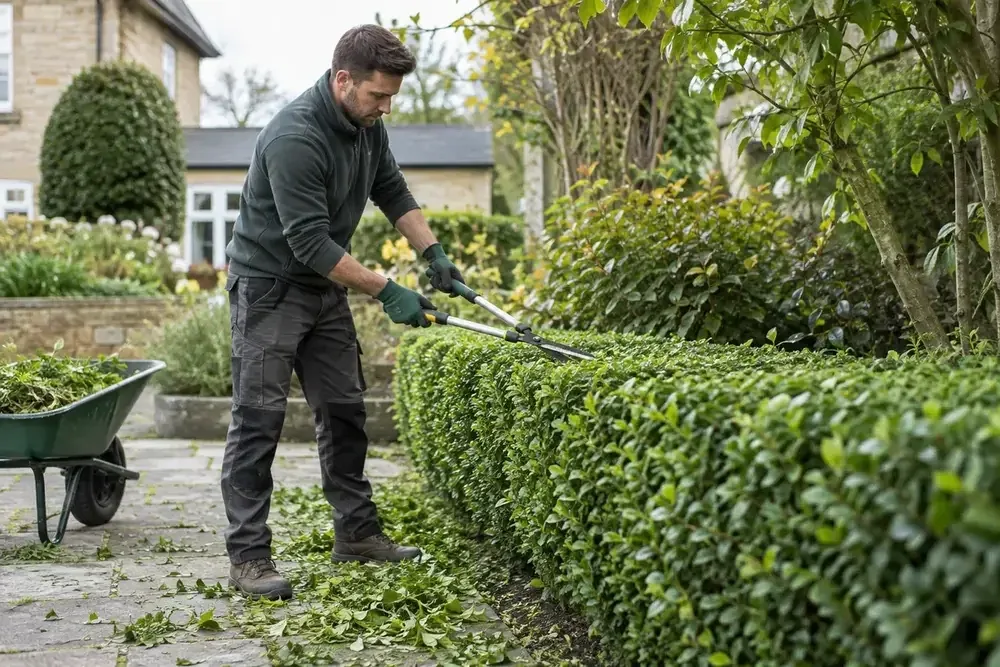 Gardener clipping a formal hedge with powered shears