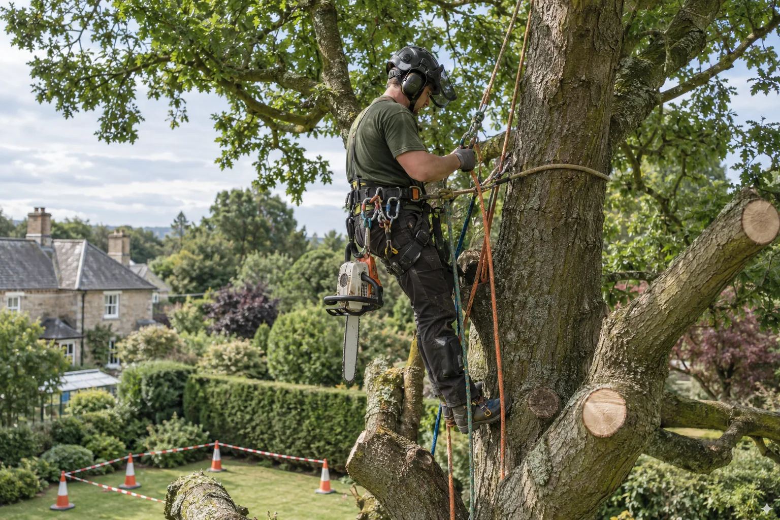 Professional arborist secured high in a mature garden tree using a clearly visible climbing harness, multiple appropriate ropes and helmet with eye and ear protection, sectional dismantling preparation in a British garden, saw switched off and clipped securely, isolated safe work zone below, credible competent tree work.
