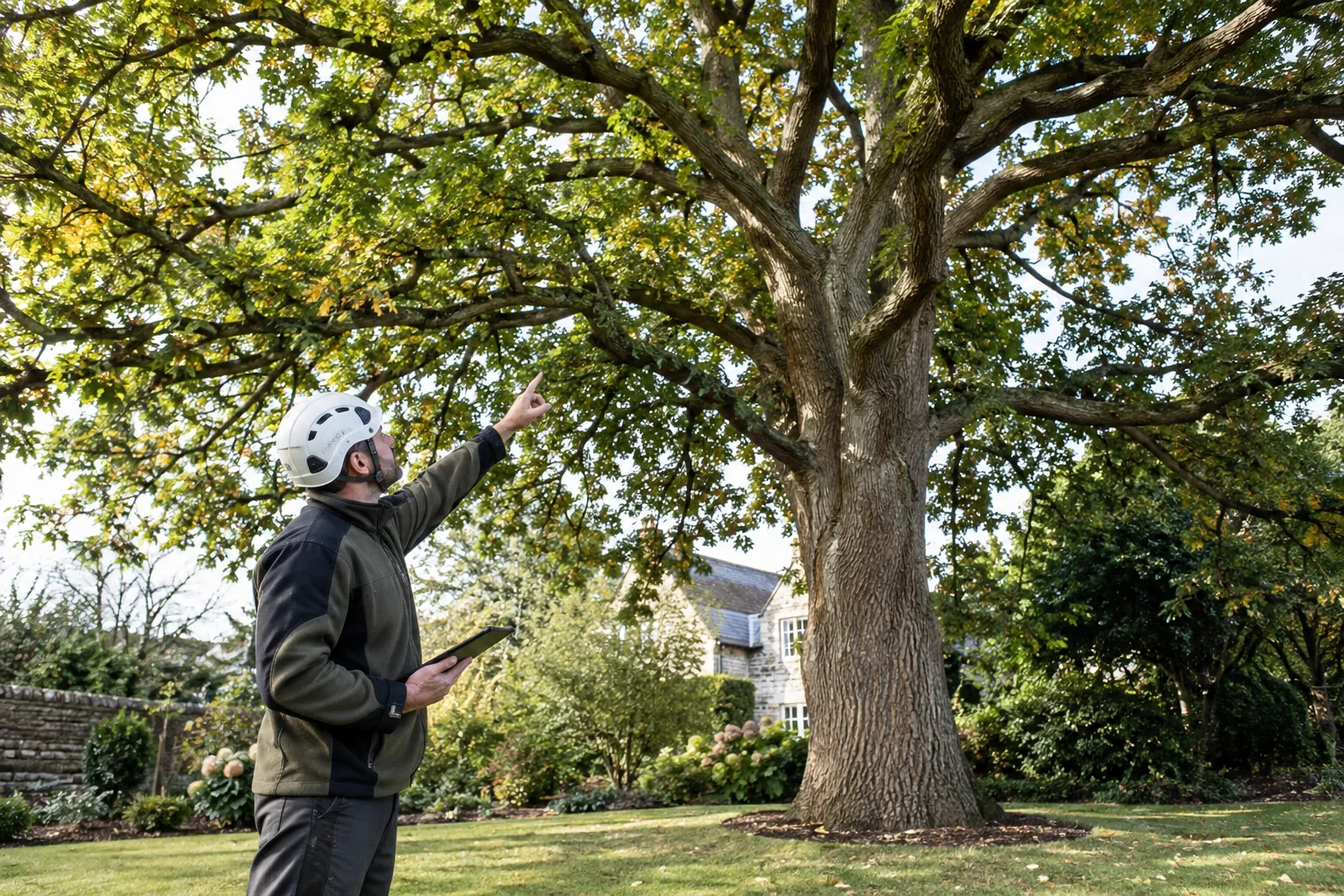 Professional arborist wearing a safety helmet standing safely on the ground assessing the branching canopy of a mature tree in a British garden, looking upward and indicating branches with one hand, whole tree crown prominent, thoughtful arboricultural assessment.