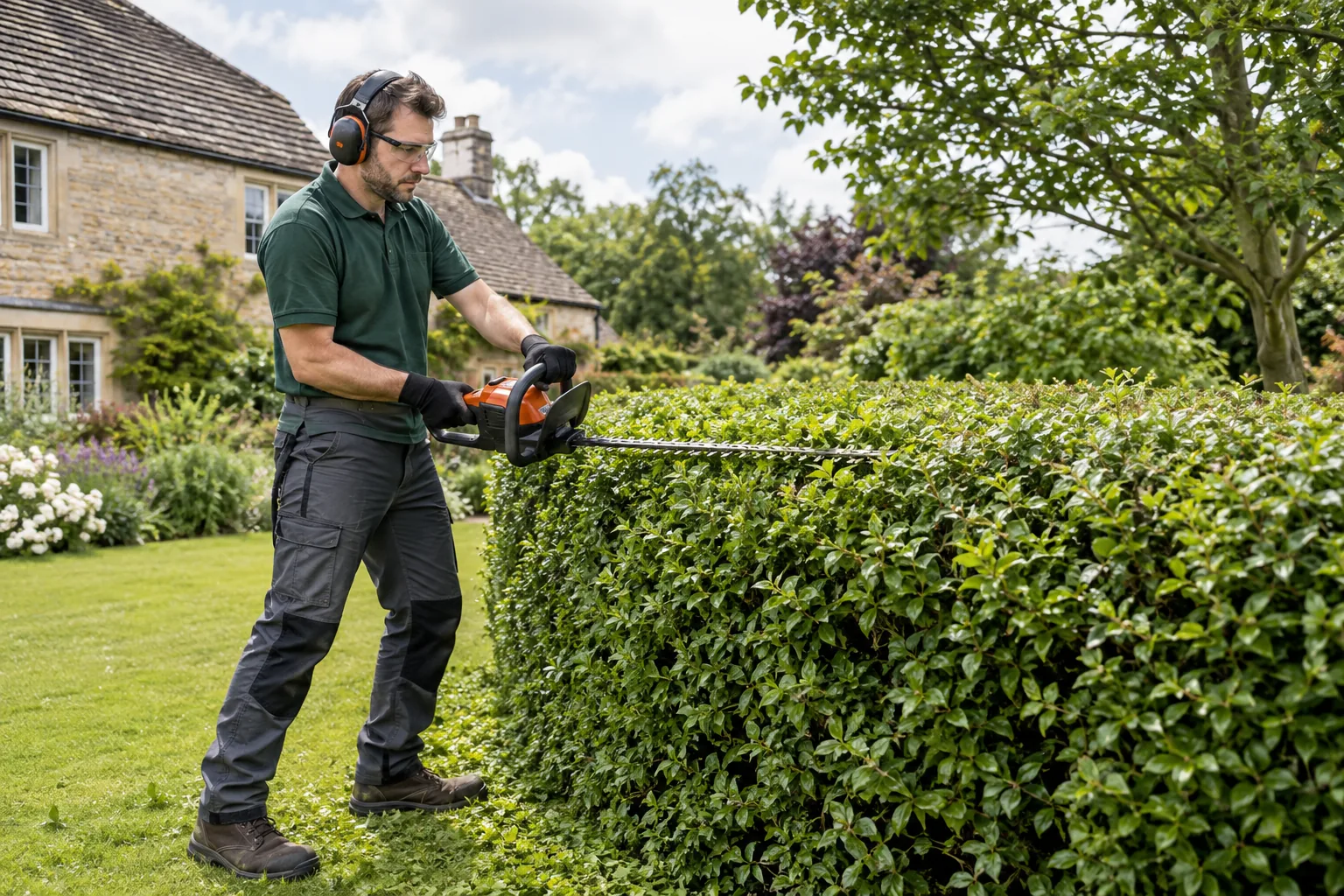 Professional gardener with eye and ear protection, gloves and sturdy boots trimming a medium-height green hedge from stable ground in a British garden, two hands on realistic hedge trimmer, neatly shaped hedge and safe clear work area.