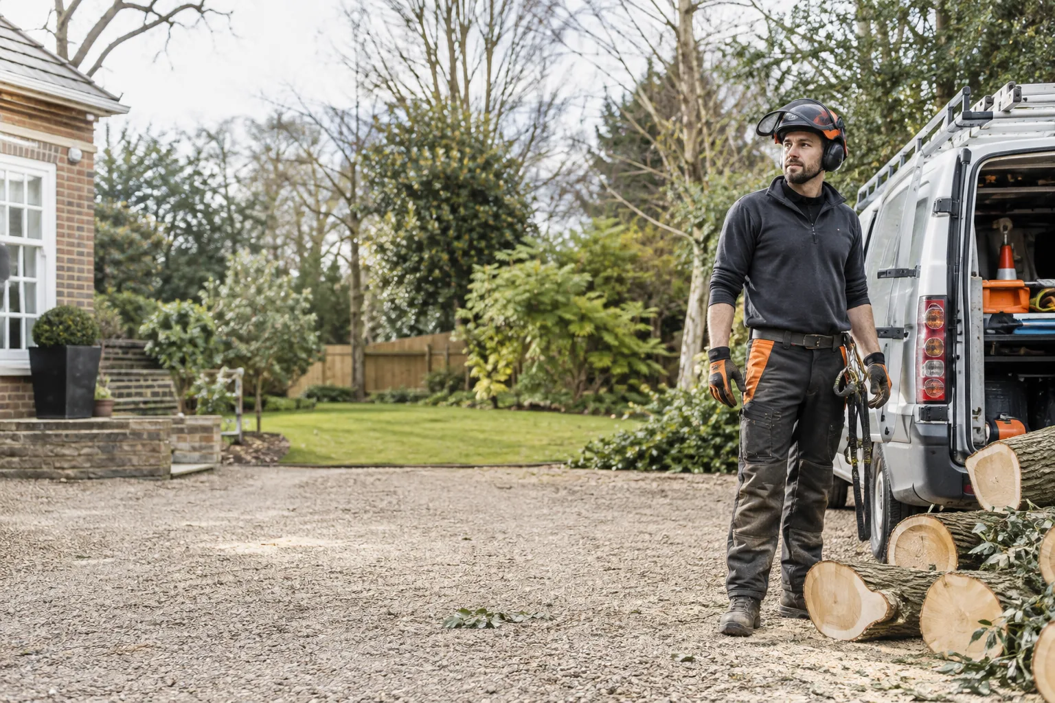 Professional arborist wearing helmet with visor raised, ear protection, chainsaw protective trousers, gloves and boots beside a plain white arborist work van in a British residential garden driveway, freshly cut tree sections safely lying on the ground nearby and mature trees beyond, no chainsaw in operation.