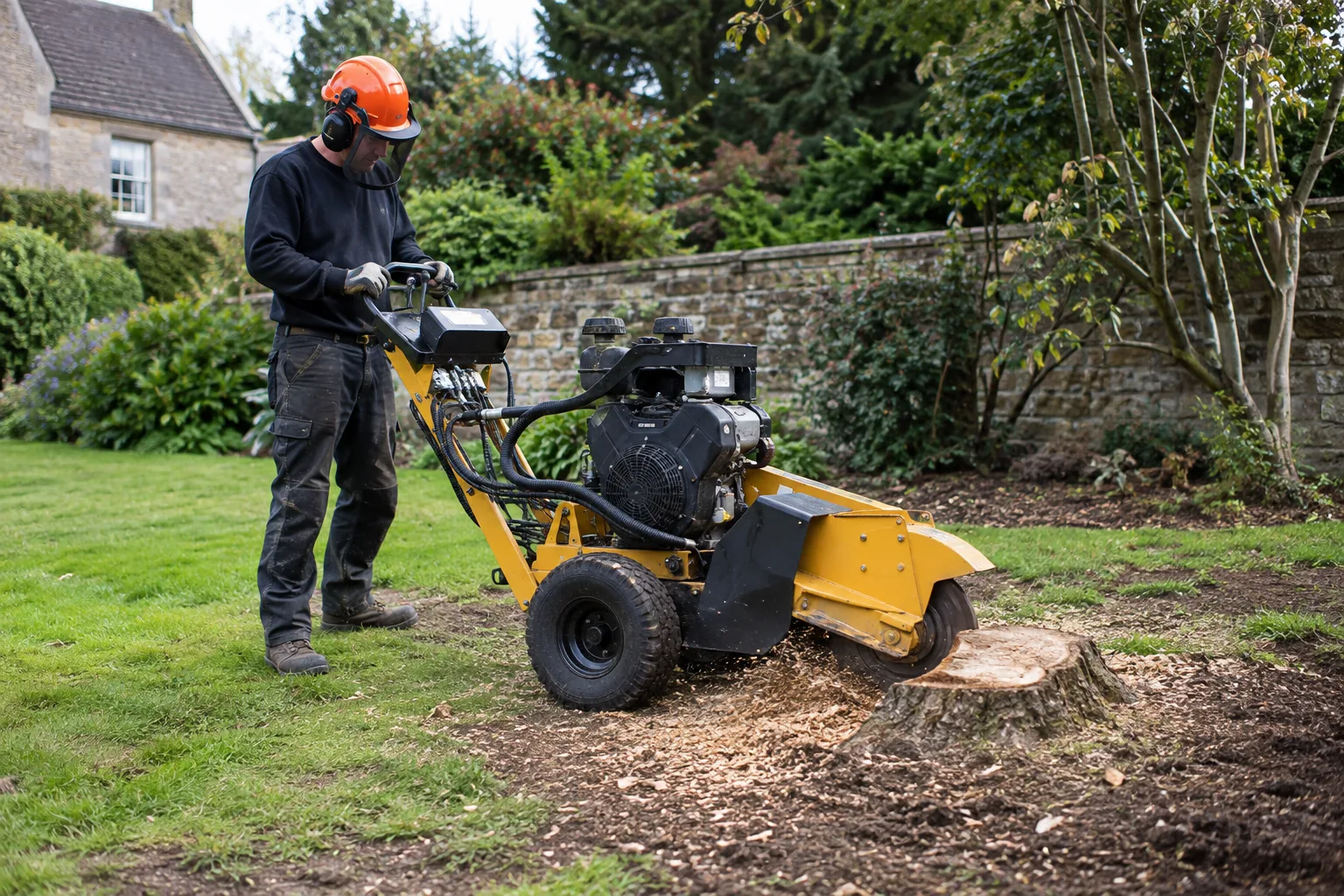 Professional operator in helmet, hearing and eye protection, gloves and boots using a compact wheeled stump grinder on an old tree stump in a British garden, viewed from safe distance, protective guard enclosing cutter, modest woodchips around stump, realistic machine.