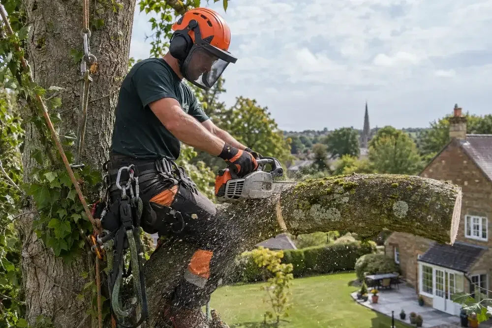Climbing arborist cutting a substantial branch with a chainsaw