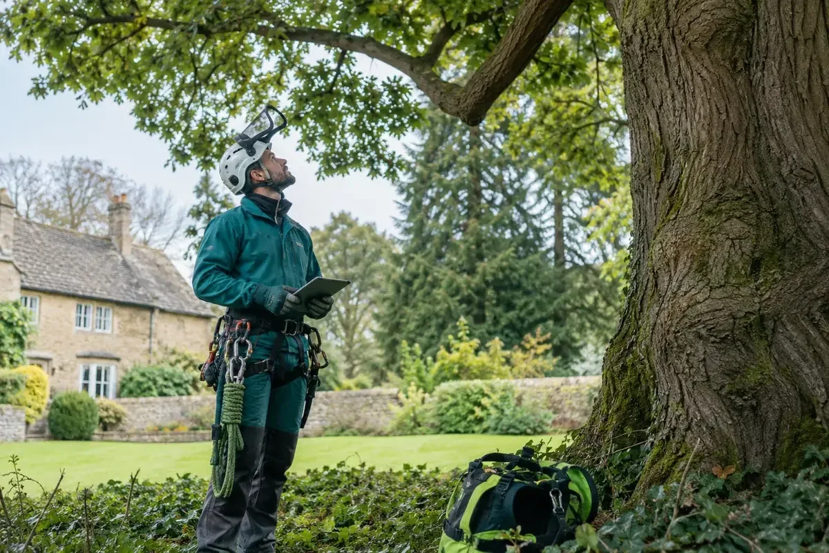 Arborist in climbing harness inspecting a large garden tree