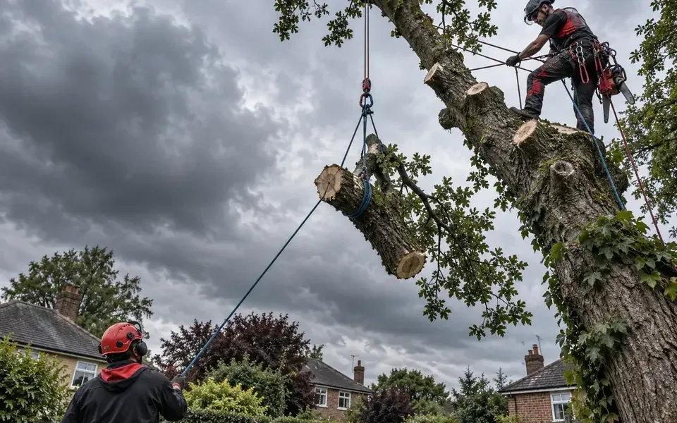 Arborists dismantling a large tree with rigging and crane support